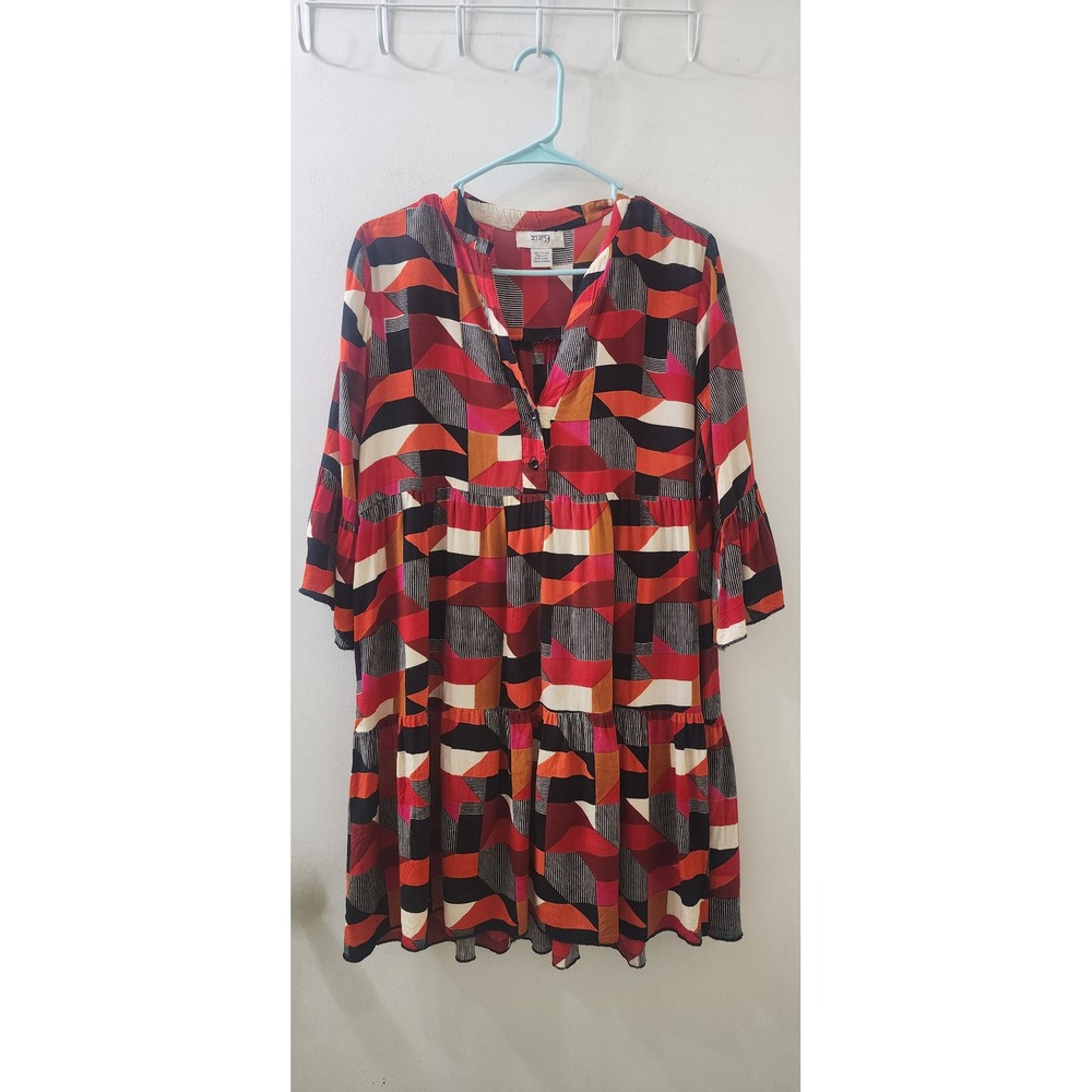Zury Geometric Print Tiered Mini Dress Red Orange Black Bell Sleeve Free Size